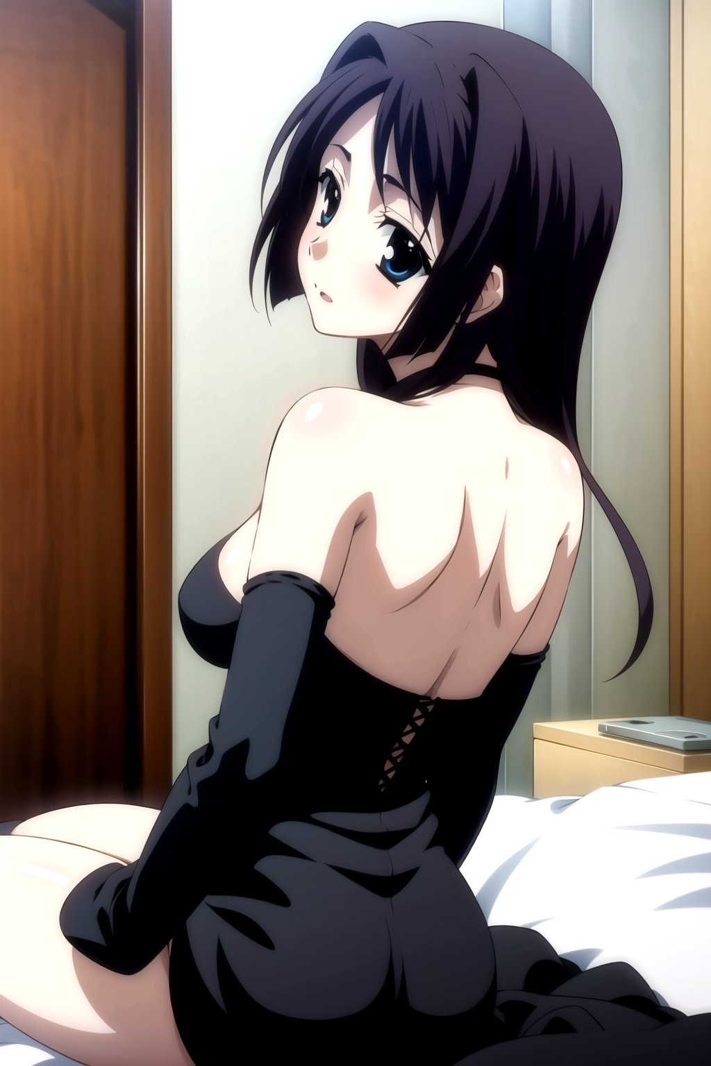 Highly detailed, High Quality, masterpiece, beautiful,
BREAK 1girl, solo, (young woman, 16 years old), roka kitsuregawa, (long hair), purple hair, blue eyes,
BREAK (bare shoulders, black dress, black sleeves), (medium breasts), 
BREAK (background hotel room:1.5),
BREAK looking_back, solo focus, 