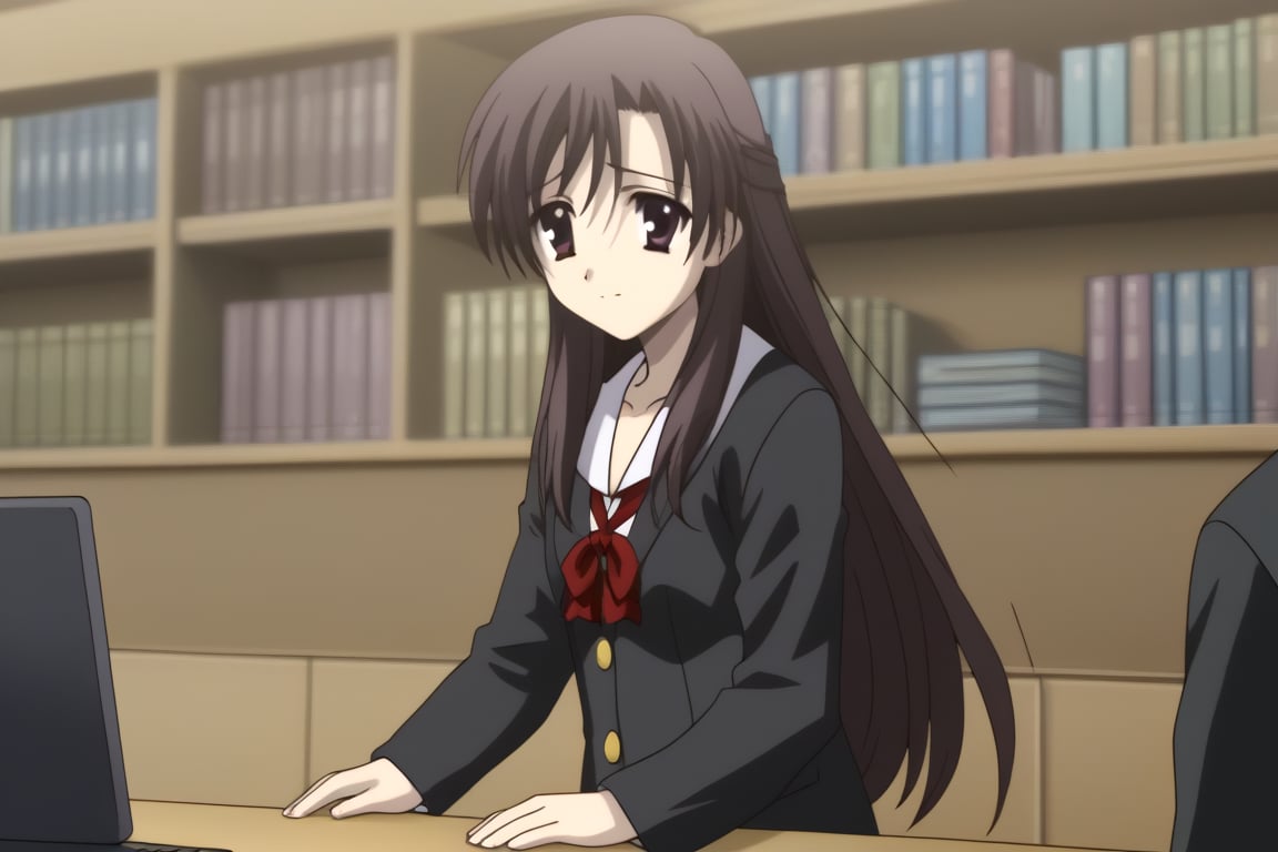 HD, 8k, highres, mantialiasing, Highly detailed, High Quality, masterpiece, beautiful, source_anime, 
BREAK 1boy, yuuki ashikaga, boy with brown hair, Brown eyes, short hair, nervous look, school uniform, shirt, pants, black jacket, red tie, black pants, 
BREAK inside bookshop, bookshelf, computers, desktop,
BREAK 1girl, kotonoha katsura, purple eyes, black hair, long hair, school uniform, 
BREAK looking_at_viewer, side view, standing, Upper body, 
