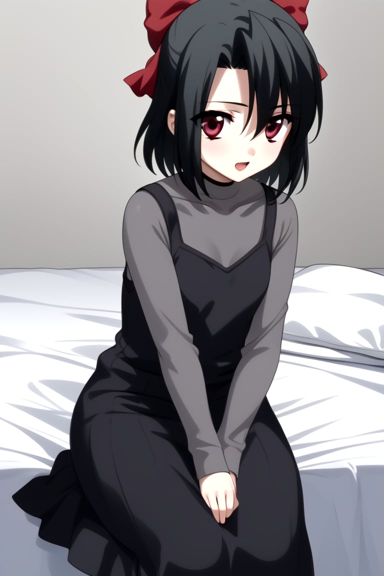 Highly detailed, High Quality, masterpiece, beautiful, 1girl, solo, (feminine focus, young woman, 16 years old), Setsuna Kiyoura, black hair, red eyes, hair bow, red bow, tiny breasts, short hair, :o, Open mouth,
BREAK grey t-shirt, grey long sleeves, turtle neck, (dress),
BREAK bedroom,
BREAK looking_at_viewer, far_from_viewer, side view, (full_body, focus face),