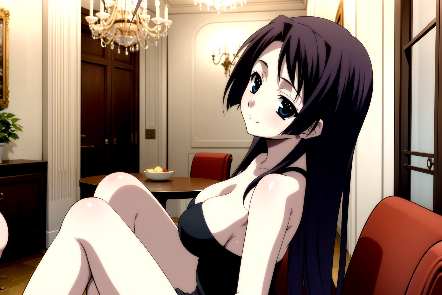 Highly detailed, High Quality, masterpiece, beautiful,
BREAK 1girl, solo, (young woman, 16 years old), roka kitsuregawa, (long hair), purple hair, blue eyes,
BREAK (bare shoulders, black dress, black sleeves, neckline), (medium breasts), 
BREAK (background of a luxurious restaurant, chandelier:1.5),
BREAK looking_at_viewer, sit, focus breasts, sitting in an elegant chair in front of a table with candles, 