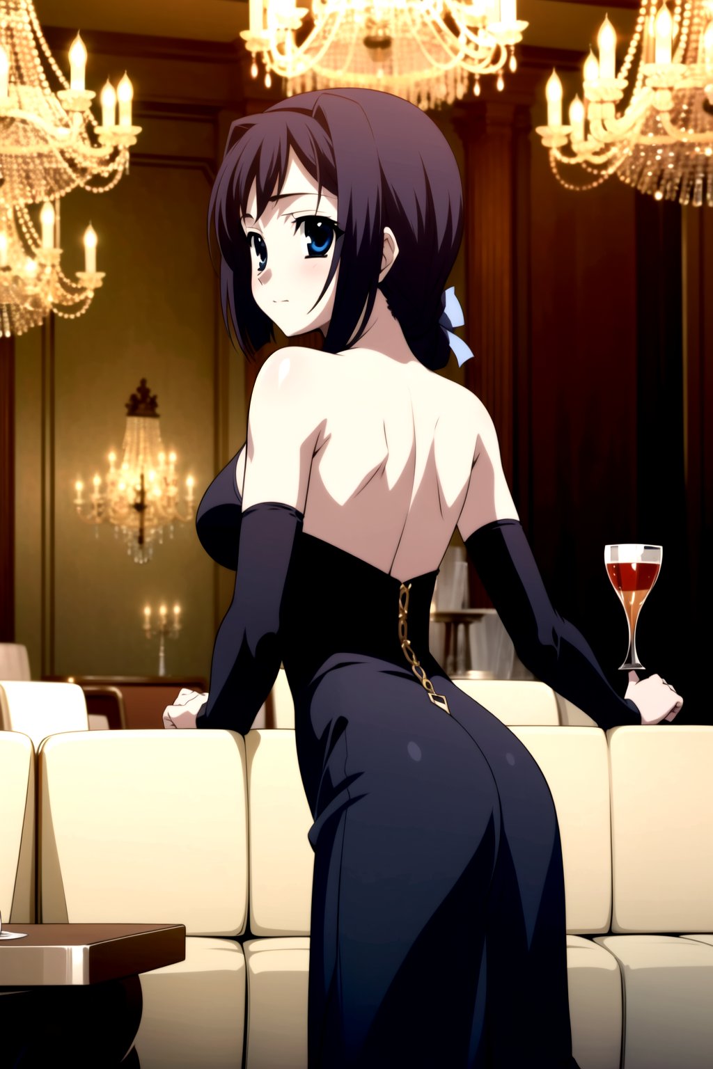 Highly detailed, High Quality, masterpiece, beautiful,
BREAK 1girl, solo, (young woman, 16 years old), roka kitsuregawa, (long hair), purple hair, blue eyes,
BREAK (bare shoulders, black dress, black sleeves), (medium breasts), 
BREAK (background of a luxurious restaurant, chandelier:1.5),
BREAK looking_back, solo focus, 