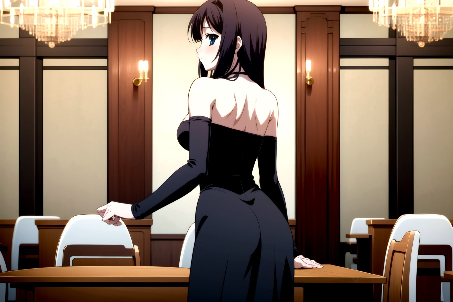 Highly detailed, High Quality, masterpiece, beautiful,
BREAK 1girl, solo, (young woman, 16 years old), roka kitsuregawa, (long hair), purple hair, blue eyes,
BREAK (bare shoulders, black dress, black sleeves), (medium breasts), 
BREAK (background of a luxurious restaurant, chandelier:1.5),
BREAK looking_back, solo focus, 