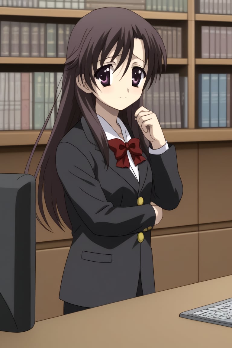 HD, 8k, highres, mantialiasing, Highly detailed, High Quality, masterpiece, beautiful, source_anime, 
BREAK 1boy, yuuki ashikaga, boy with brown hair, Brown eyes, short hair, nervous look,
BREAK school uniform, shirt, pants, black jacket, red tie, black pants, 
BREAK inside bookshop, bookshelf, computers, desktop,
BREAK 1girl, kotonoha katsura, purple eyes, black hair, long hair, school uniform, 
BREAK looking_at_viewer, side view, standing, Upper body,
