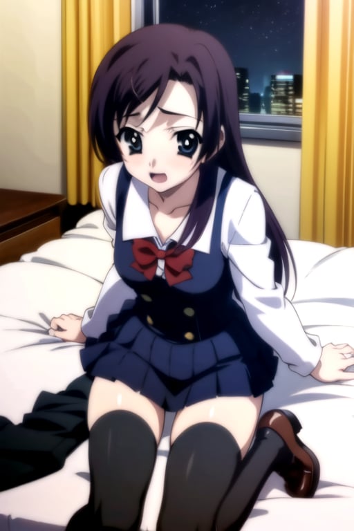 Highly detailed, High Quality, masterpiece, beautiful,
BREAK 1girl, solo, (young woman, 16 years old), roka kitsuregawa, (long hair), purple hair, blue eyes,
BREAK waist-length skirt, thighhighs, school uniform, shoes, black thighhighs, zettai ryouiki, 
BREAK (indoors, hotel love, bed, curtains, Windows, night), 
BREAK from above, sitting on the bed, face forcus, surprised face,excited,flushed cheeks, bright pupils, apricot eyes, 