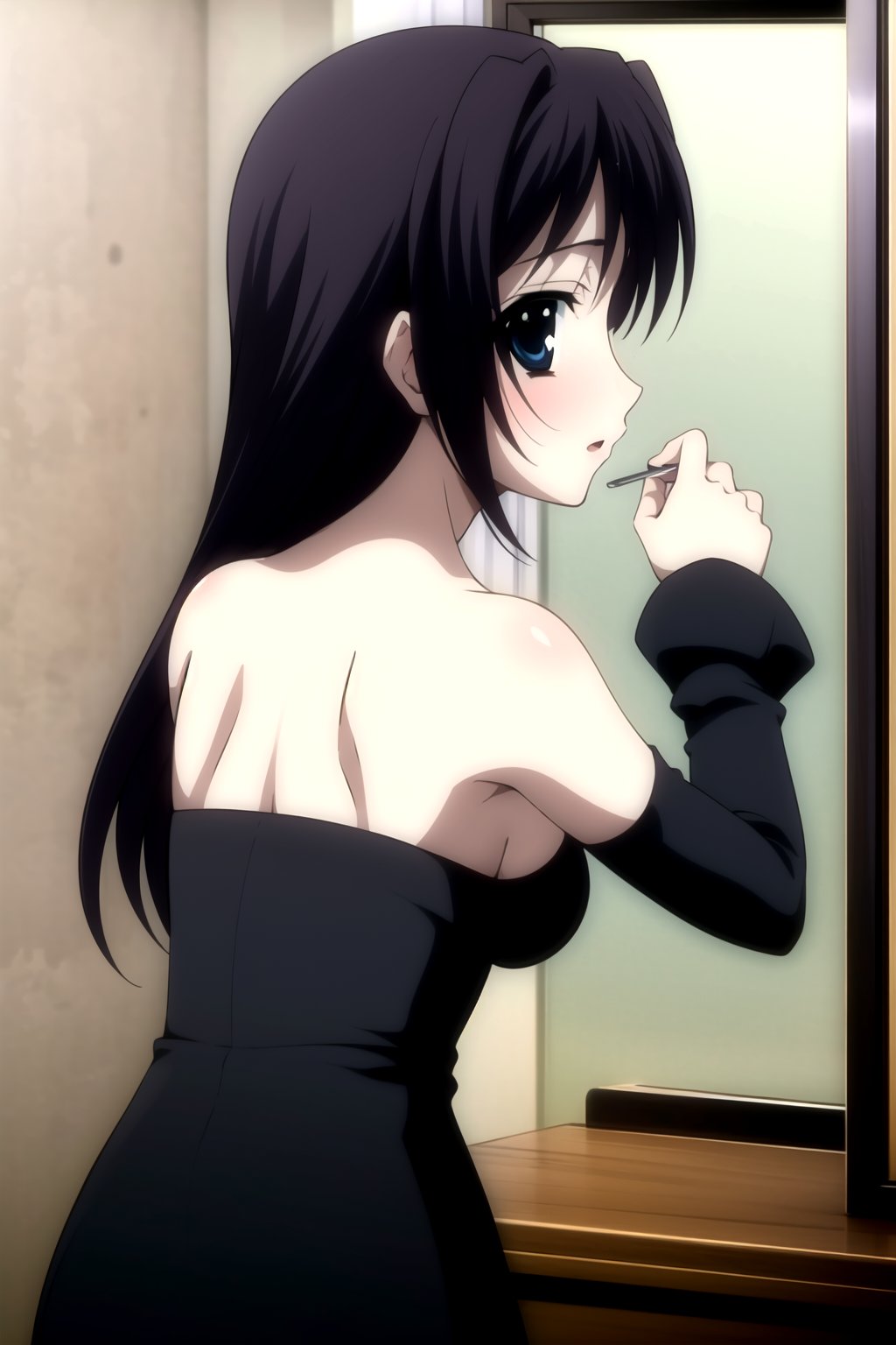 Highly detailed, High Quality, masterpiece, beautiful,
BREAK 1girl, solo, (young woman, 16 years old), roka kitsuregawa, (long hair), purple hair, blue eyes,
BREAK (bare shoulders, black dress, black sleeves), (medium breasts), 
BREAK (background hotel:1.5),
BREAK looking_back, solo focus, standing, look in the mirror,