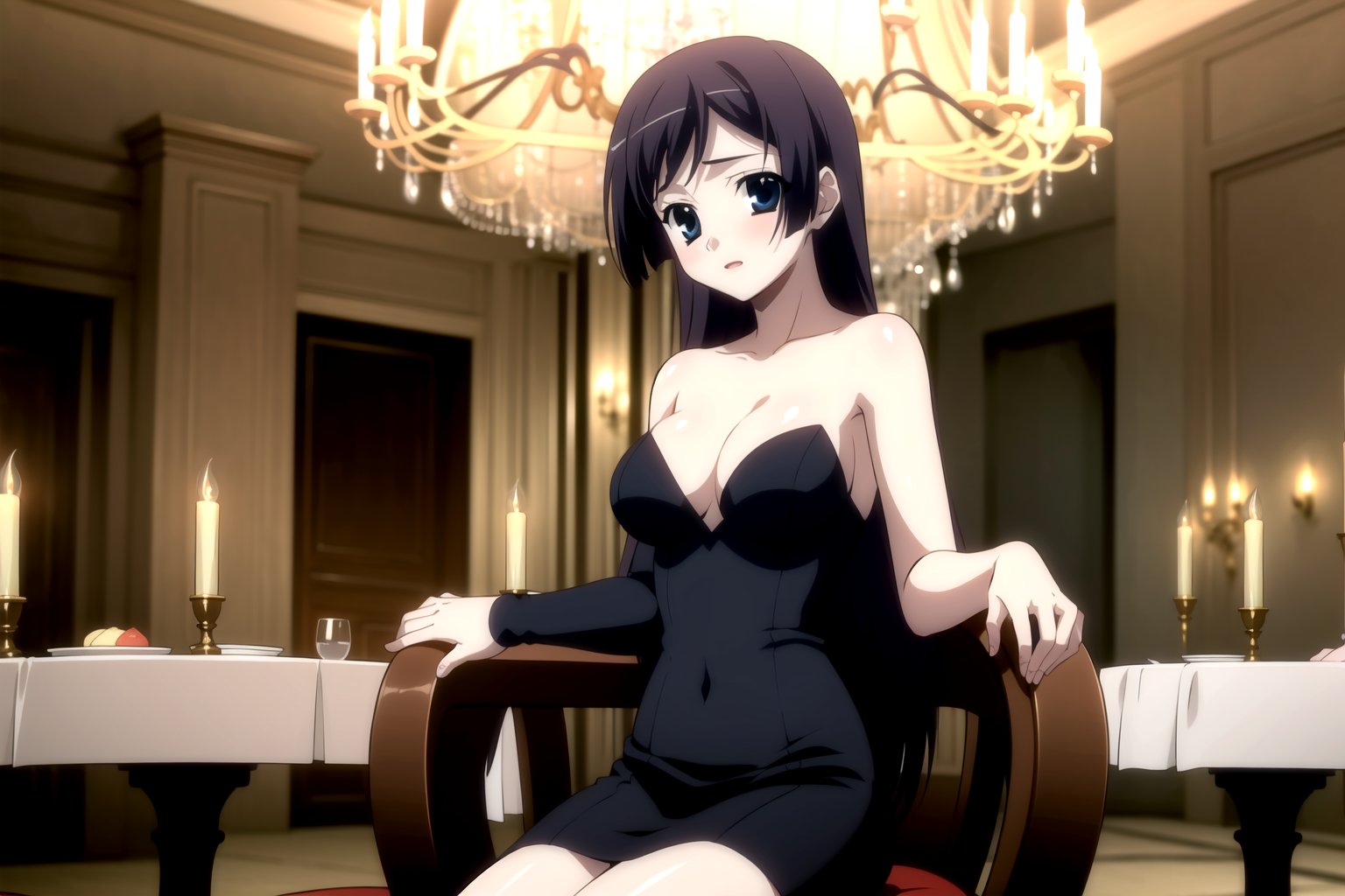 Highly detailed, High Quality, masterpiece, beautiful,
BREAK 1girl, solo, (young woman, 16 years old), roka kitsuregawa, (long hair), purple hair, blue eyes,
BREAK (bare shoulders, black dress, black sleeves, neckline), (medium breasts), 
BREAK (background of a luxurious restaurant, chandelier:1.5),
BREAK looking_at_viewer, sit, focus breasts, sitting in an elegant chair in front of a table with candles, 