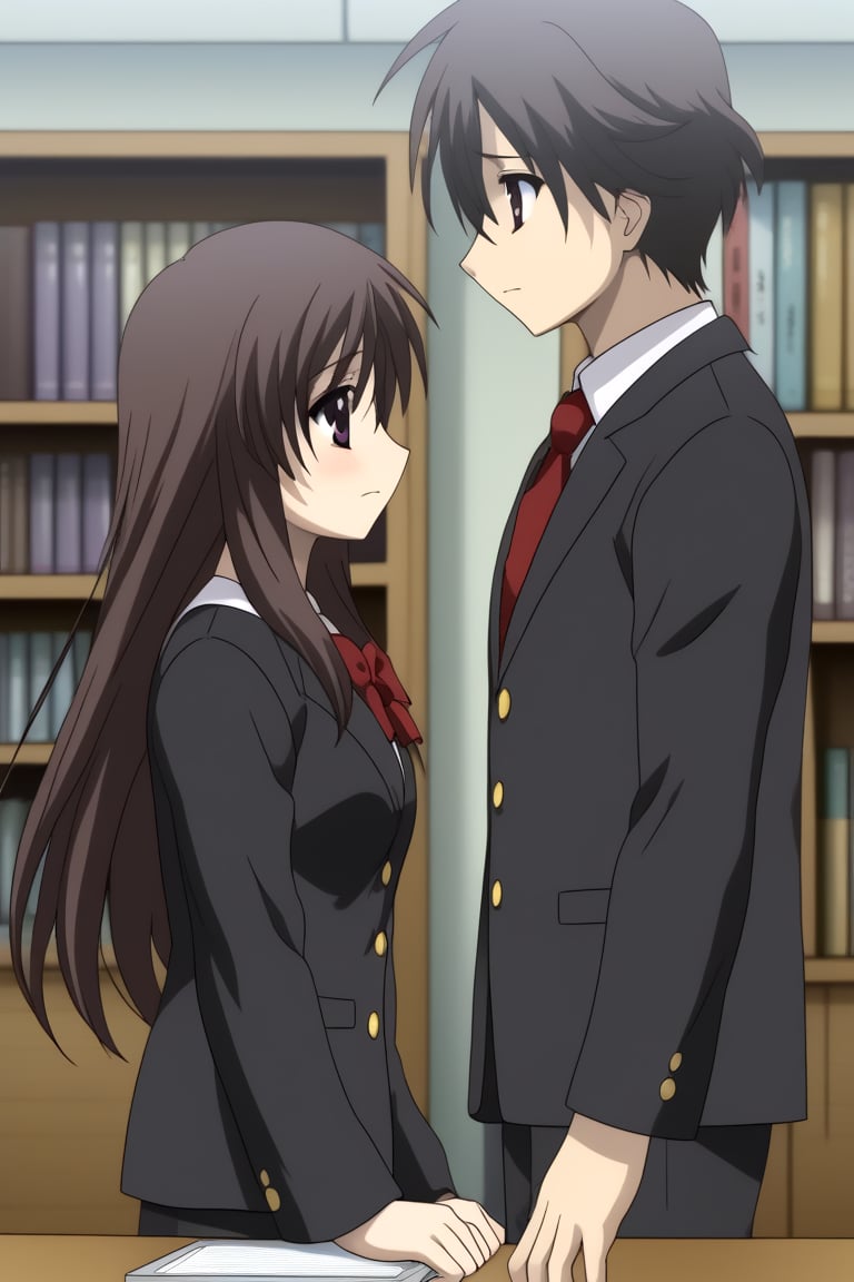 HD, 8k, highres, mantialiasing, Highly detailed, High Quality, masterpiece, beautiful, source_anime, 
BREAK 1boy, yuuki ashikaga, boy with brown hair, Brown eyes, short hair, nervous look, school uniform, shirt, pants, black jacket, red tie, black pants, 
BREAK inside bookshop, bookshelf, computers, desktop,
BREAK 1girl, kotonoha katsura, purple eyes, black hair, long hair, school uniform, 
BREAK 1boy, 1girl, side view, standing, 
