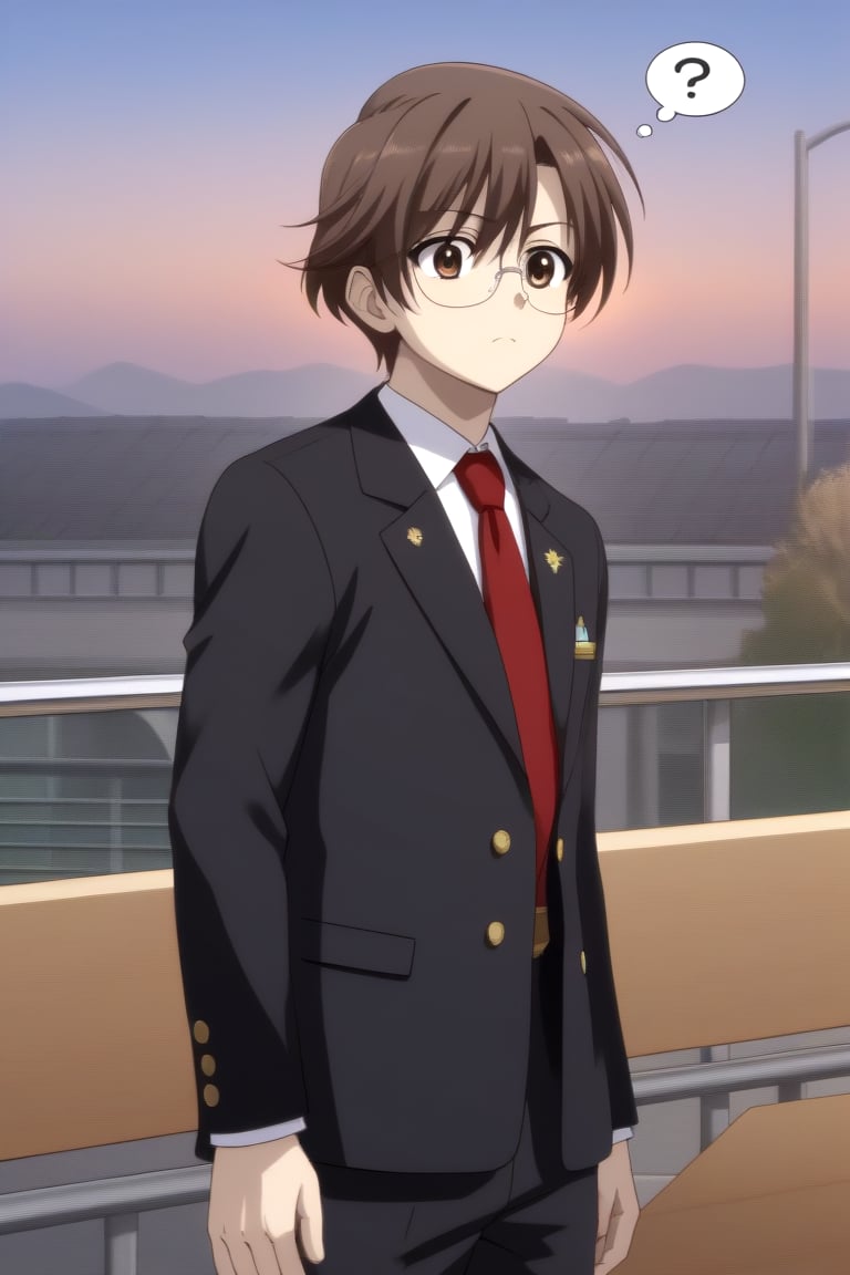 HD, 8k, highres, mantialiasing, Highly detailed, High Quality, masterpiece, beautiful, source_anime, 
BREAK 1boy, solo, male focus, yuuki ashikaga, brown hair, Brown eyes, ((short hair)), (confused look:1.5), 
BREAK school uniform, shirt, pants, black jacket, red tie, black pants, long pants, glasses,
BREAK train station, sunset, outside
BREAK front view, standing, Upper body, From SIDE,