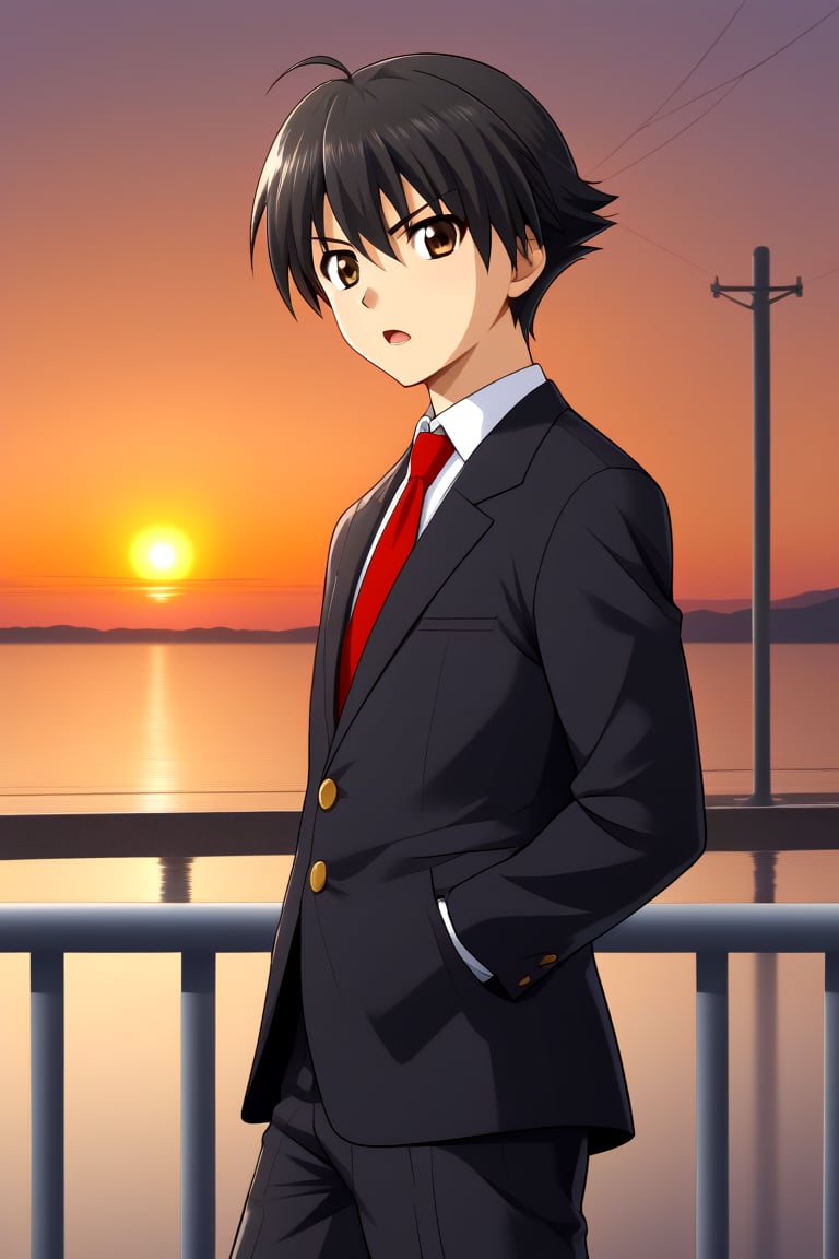 HD, 8k, highres, mantialiasing, Highly detailed, High Quality, masterpiece, beautiful, source_anime, 
BREAK 1boy, solo, male focus, 16 years old, itou makoto, black hair, brown eyes, short hair, Open mouth, serious look,
BREAK school uniform, shirt, pants, black jacket, red tie, black pants, 
BREAK train station, sunset, outside, 
BREAK looking_at_viewer, side view, standing, Upper body,
