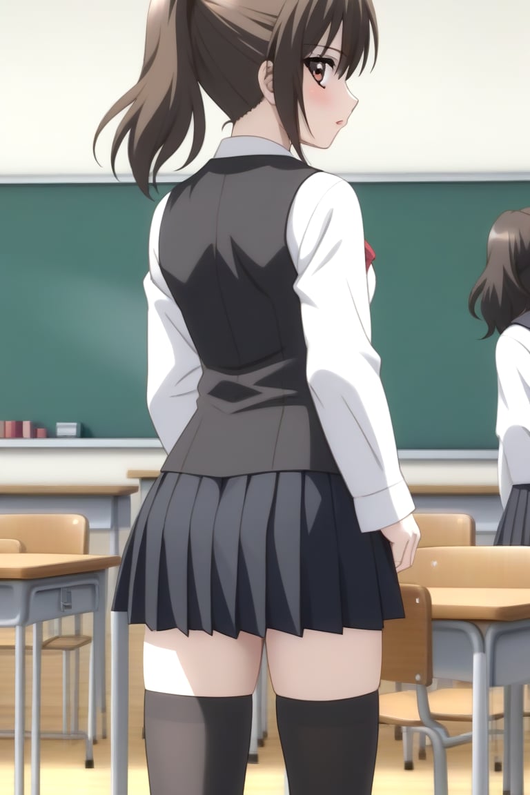 Highly detailed, High Quality, masterpiece, beautiful, source_anime, 1girl, solo, (feminine focus, young woman, 16 years old), Otome Katou, brown hair, brown eyes, medium hair, ponytail, ((tiny_breasts)), school uniform, ((shirt, shirt sleeves:1.5)), long sleeves, white sleeves, (black vest, vest), pleated skirt, ((black skirt, waist-length skirt:1.2)), thighhighs, black thighhighs, zettai ryouiki, cowboy_shot, back view, looking_back, from_behind, classroom, pizzaron, Windows, 