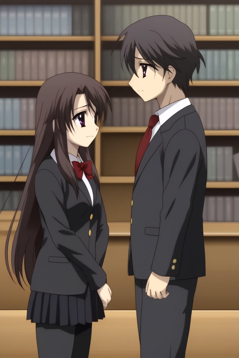 HD, 8k, highres, mantialiasing, Highly detailed, High Quality, masterpiece, beautiful, source_anime, 
BREAK 1boy, yuuki ashikaga, boy with brown hair, Brown eyes, short hair, nervous look, school uniform, shirt, pants, black jacket, red tie, black pants, 
BREAK inside bookshop, bookshelf, computers, desktop,
BREAK 1girl, kotonoha katsura, purple eyes, black hair, long hair, school uniform, 
BREAK side view, standing, 
