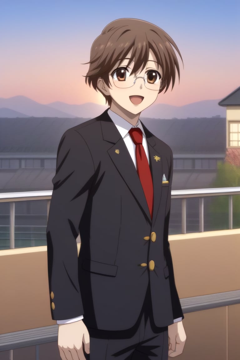 HD, 8k, highres, mantialiasing, Highly detailed, High Quality, masterpiece, beautiful, source_anime, 
BREAK 1boy, solo, male focus, yuuki ashikaga, brown hair, Brown eyes, ((short hair)), (happy), Open mouth,
BREAK school uniform, shirt, pants, black jacket, red tie, black pants, long pants, glasses,
BREAK train station, sunset, outside
BREAK front view, standing, Upper body, From SIDE,