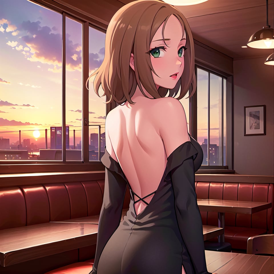 HD, 8k, highres, mantialiasing, Highly detailed, High Quality, masterpiece, beautiful, 1girl, solo, (feminine focus, madure woman, 32 years old), kumi mori, (brown hair, green eyes:1.5), medium hair,
BREAK ((black dress:1.5)), (long dress, side slit, strapless dress, bare shoulders, jewelry, long gloves, lipstick), 
BREAK indoors, ((restaurant, back windows showing a sunset, chair, tables, dark environment:1.5)),
BREAK looking at viewer, sitting, from_front, front_view, full_body,
BREAK (masterpiece:1.2), best quality, high resolution, unity 8k wallpaper, (illustration:0.8), (beautiful detailed eyes:1.6), extremely detailed face, perfect lighting, extremely detailed CG, (perfect hands, perfect anatomy), 