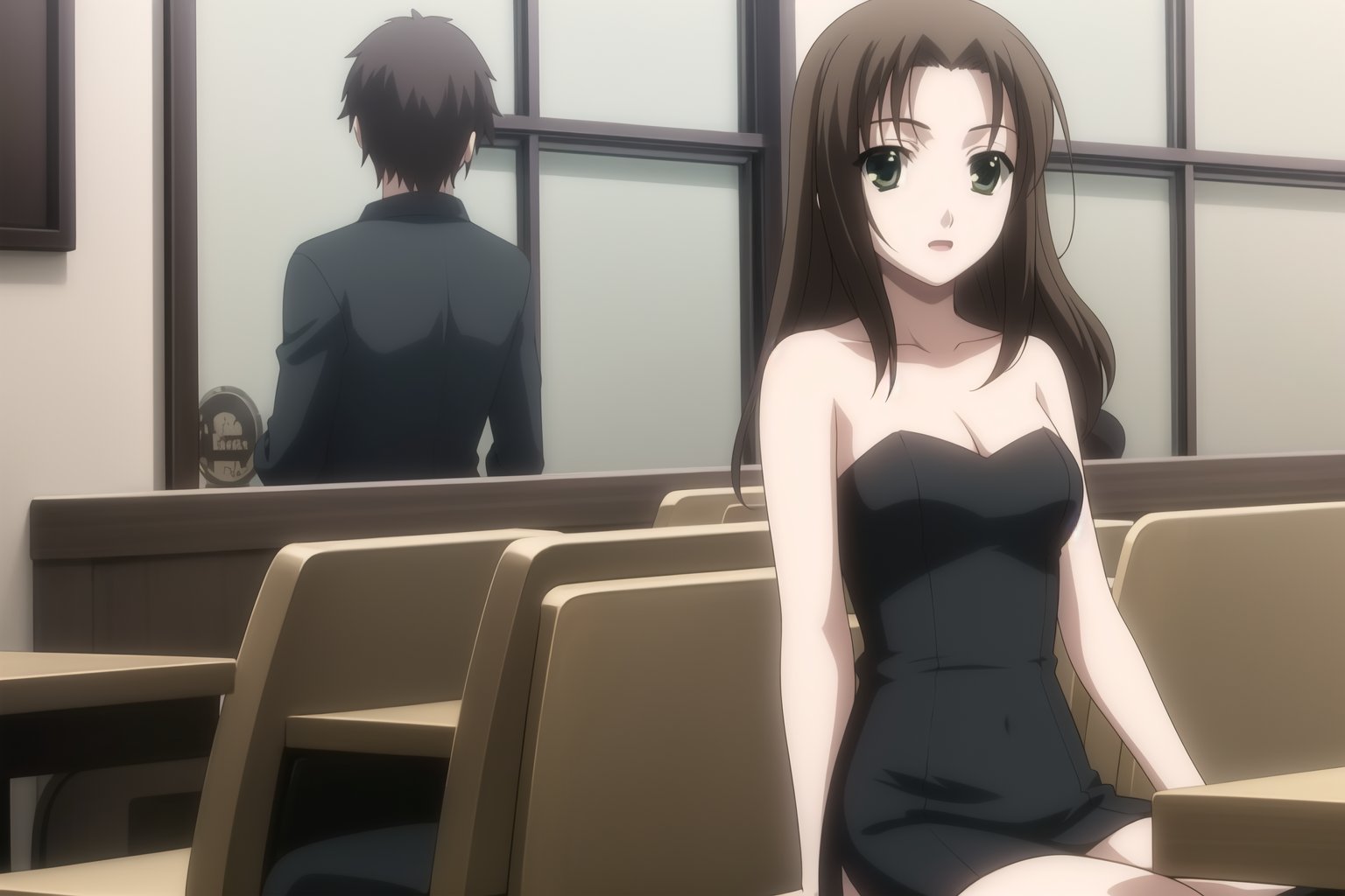 HD, 8k, highres, mantialiasing, Highly detailed, High Quality, masterpiece, beautiful, 1girl, solo, (feminine focus, madure woman, 32 years old), kumi mori, (brown hair, green eyes:1.5), medium hair,
BREAK ((black dress:1.5)), (long dress, side slit, strapless dress, bare shoulders, jewelry, long gloves, lipstick), 
BREAK indoors, ((restaurant, windows showing a dusk, chair, tables)), ((dark environment:1.5)),
BREAK looking_at_viewer, sitting, full_body, ((Focus breasts)), 