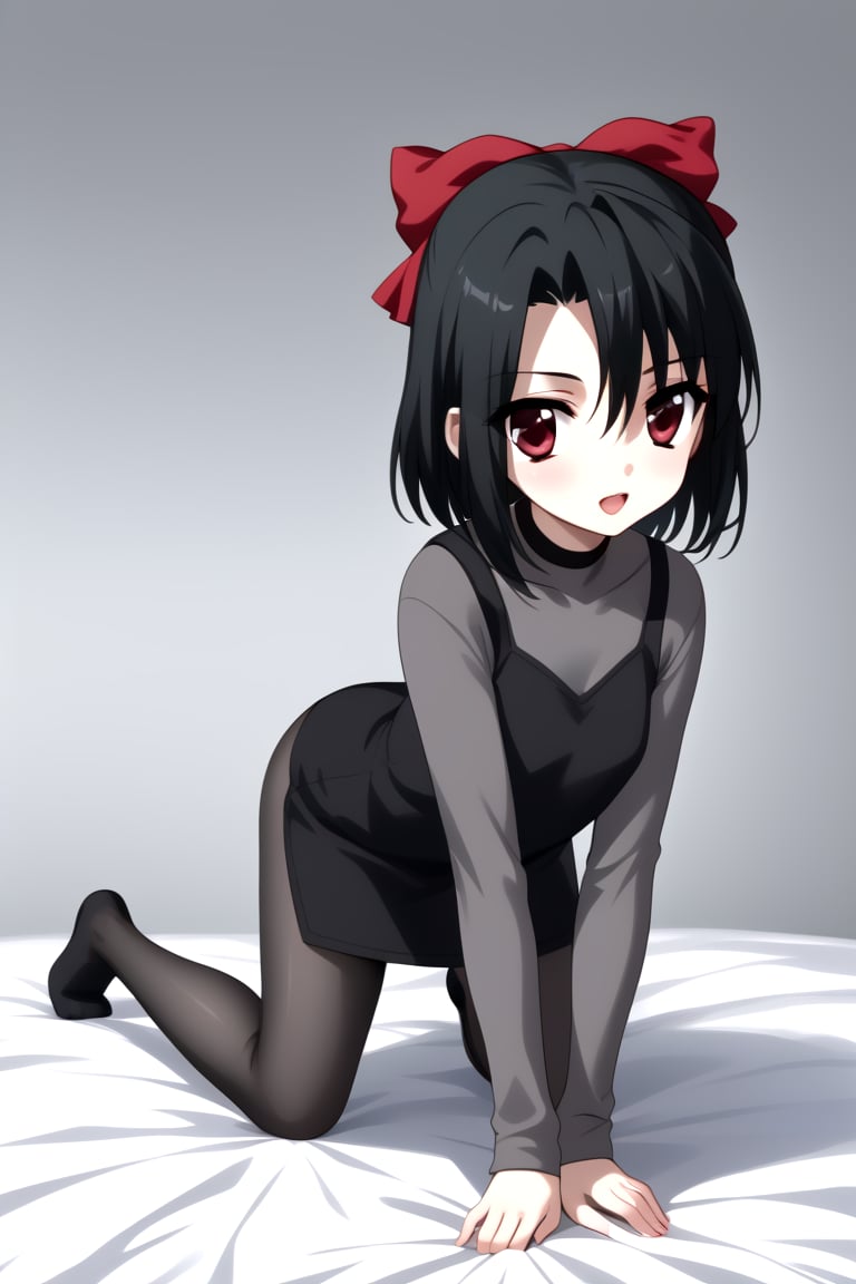 Highly detailed, High Quality, masterpiece, beautiful, 1girl, solo, (feminine focus, young woman, 16 years old), Setsuna Kiyoura, black hair, red eyes, hair bow, red bow, tiny breasts, short hair, :o, Open mouth,
BREAK grey t-shirt, grey long sleeves, turtle neck, (dress),
BREAK bedroom,
BREAK looking_back, far_from_viewer, side view, (full_body, focus face), Open legs, lying_in_bed, all-fours, panties, from_behind,