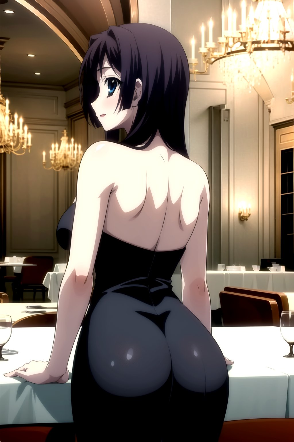 Highly detailed, High Quality, masterpiece, beautiful,
BREAK 1girl, solo, (young woman, 16 years old), roka kitsuregawa, (long hair), purple hair, blue eyes,
BREAK (bare shoulders, black dress, black sleeves), (medium breasts), 
BREAK (background of a luxurious restaurant, chandelier:1.5),
BREAK looking_back, solo focus, 