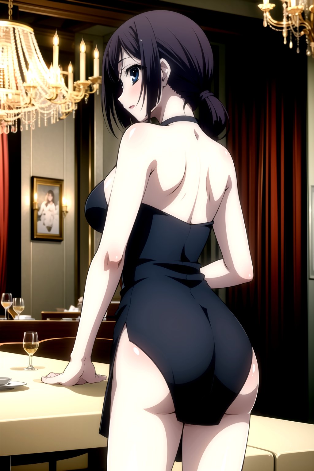 Highly detailed, High Quality, masterpiece, beautiful,
BREAK 1girl, solo, (young woman, 16 years old), roka kitsuregawa, (long hair), purple hair, blue eyes,
BREAK (bare shoulders, black dress, black sleeves), (medium breasts), 
BREAK (background of a luxurious restaurant, chandelier:1.5),
BREAK looking_back, solo focus, 