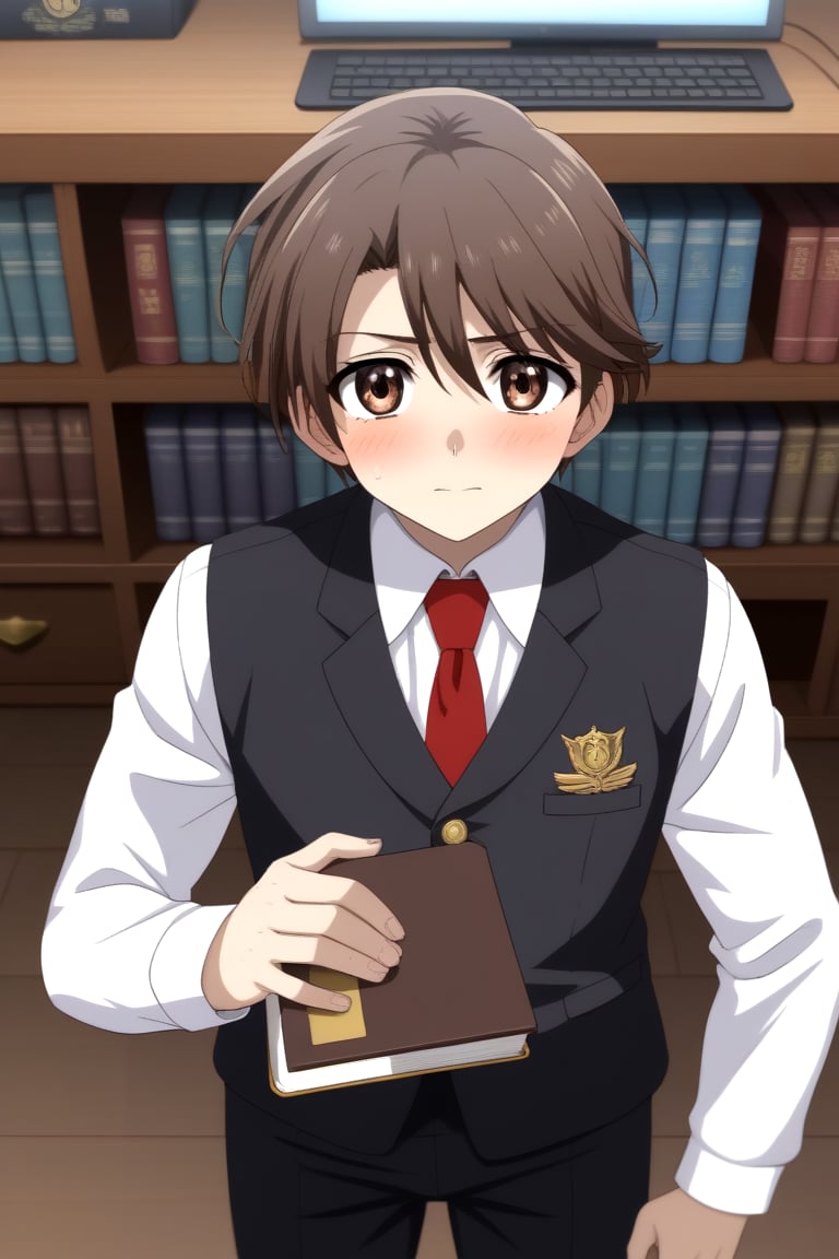 HD, 8k, highres, mantialiasing, Highly detailed, High Quality, masterpiece, beautiful, source_anime, 
BREAK 1boy, male focus, 16 years old, yuuki ashikaga, boy with brown hair, Brown eyes, short hair, uniform school, boy with black vest, red tie, black pants, nervous look,
BREAK inside bookshop, bookshelf, books lying on the floor, computers, desktop,
BREAK looking_at_viewer, front view, standing, 
