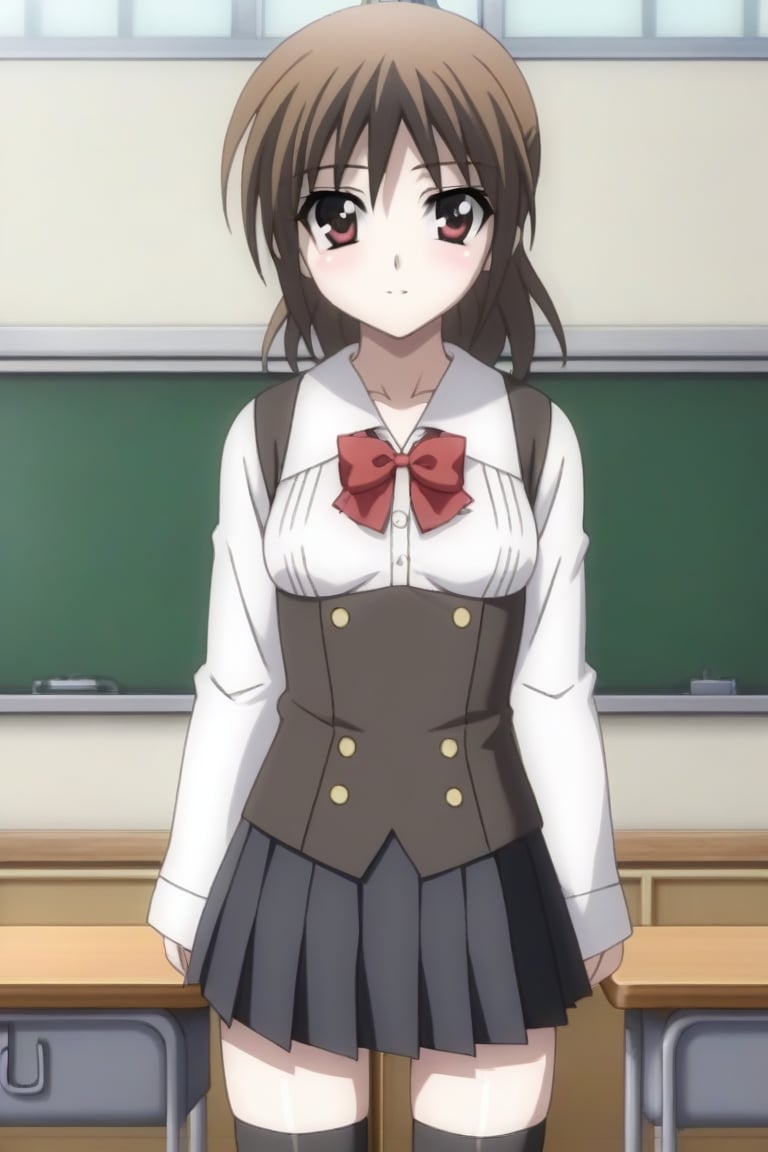 Highly detailed, High Quality, masterpiece, beautiful, source_anime, 1girl, solo, (feminine focus, young woman, 16 years old), Otome Katou, brown hair, brown eyes, medium hair, ponytail, ((tiny_breasts)), school uniform, ((shirt, shirt sleeves:1.5)), long sleeves, white sleeves, black vest, vest, pleated skirt, ((black skirt, waist-length skirt:1.2)), thighhighs, black thighhighs, zettai ryouiki, sitting in table, (front view, looking_at_viewer, Open legs), classroom, pizzaron, Windows, 