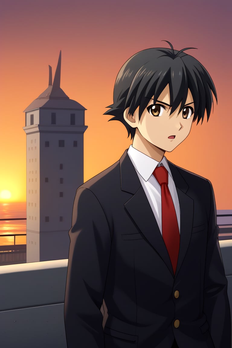 HD, 8k, highres, mantialiasing, Highly detailed, High Quality, masterpiece, beautiful, source_anime, 
BREAK 1boy, solo, male focus, 16 years old, itou makoto, black hair, brown eyes, short hair, Open mouth, serious look,
BREAK school uniform, shirt, pants, black jacket, red tie, black pants, 
BREAK train station, sunset, outside, 
BREAK looking_at_viewer, side view, standing, Upper body,
