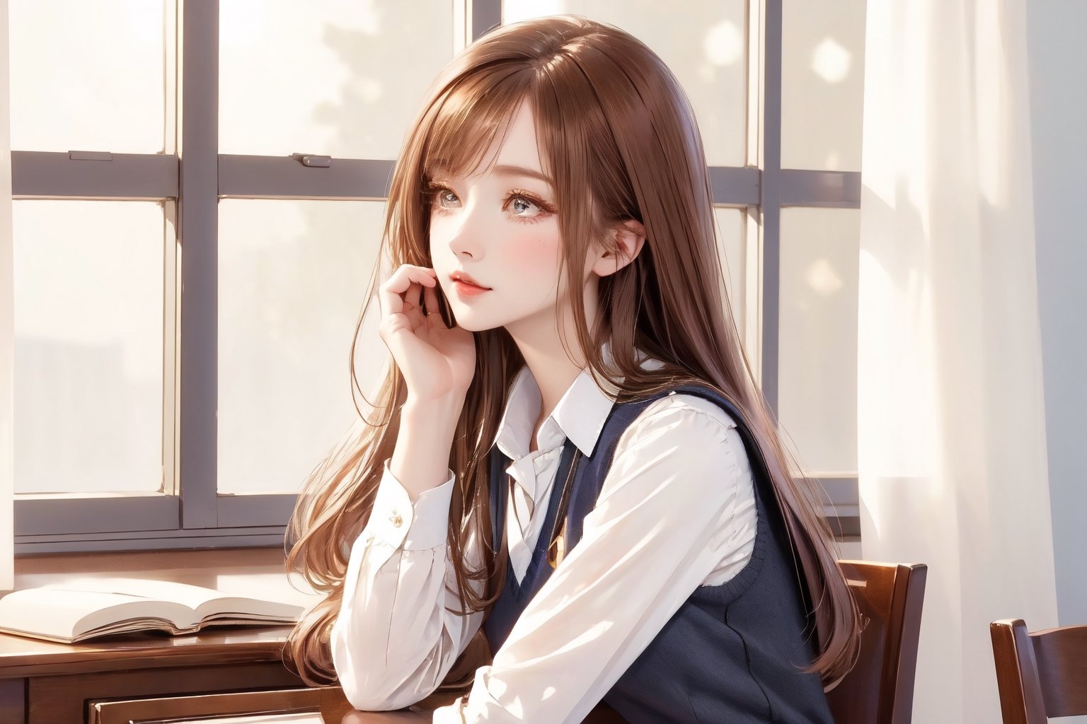 Best picture quality, high resolution, 8k, realistic, sharp focus, realistic image of elegant lady, Korean beauty, supermodel, girl, light brown hair, long straight hair, straight bangs, student, long sleeves sailor-style school uniform, sleeveless sweater vest, pleated skirt, evening, sunset, sunlight dappling, window, desk, pencil, textbook, sitting on chair, contemplating, looking forward, sleepy, looking up, side view, window reflection, bird, full body, profile, 
 (high quality:1.0) (white background:0.8), detailed face, (blush:1.0), 1 girl,Young beauty spirit, ZGirl,masterpiece,perfect light,mecha,Detailedface,1 girl, big eyes, eye shadow ,SharpEyess, 
,perfecteyes eyes ,Smirk,Detailedface,mecha,perfect light,ZGirl