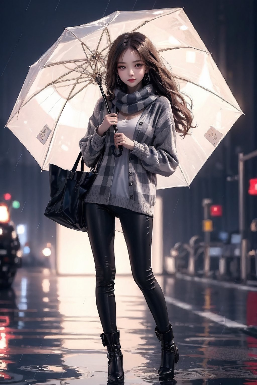 Best picture quality, high resolution, 8k, realistic, sharp focus, realistic image of elegant lady, Korean beauty, supermodel, Full body, raining, holding a cat, checkered colorful scarf, tote bag, umbrella, night time, cute sweater, (wet body:1.0), 
(high quality:1.0) (white background:0.8), detailed face, (blush:0.8), 1 girl,Young beauty spirit, ZGirl, perfect light, Detailedface,1 girl, big eyes, eye shadow ,SharpEyess, 
,perfecteyes eyes ,Smirk,Detailedface, perfect light,ZGirl,photo of perfecteyes eyes,nodf_lora,DonMSn0wM4g1c,yofukashi background,portrait,wrenchsmechs,ASU1