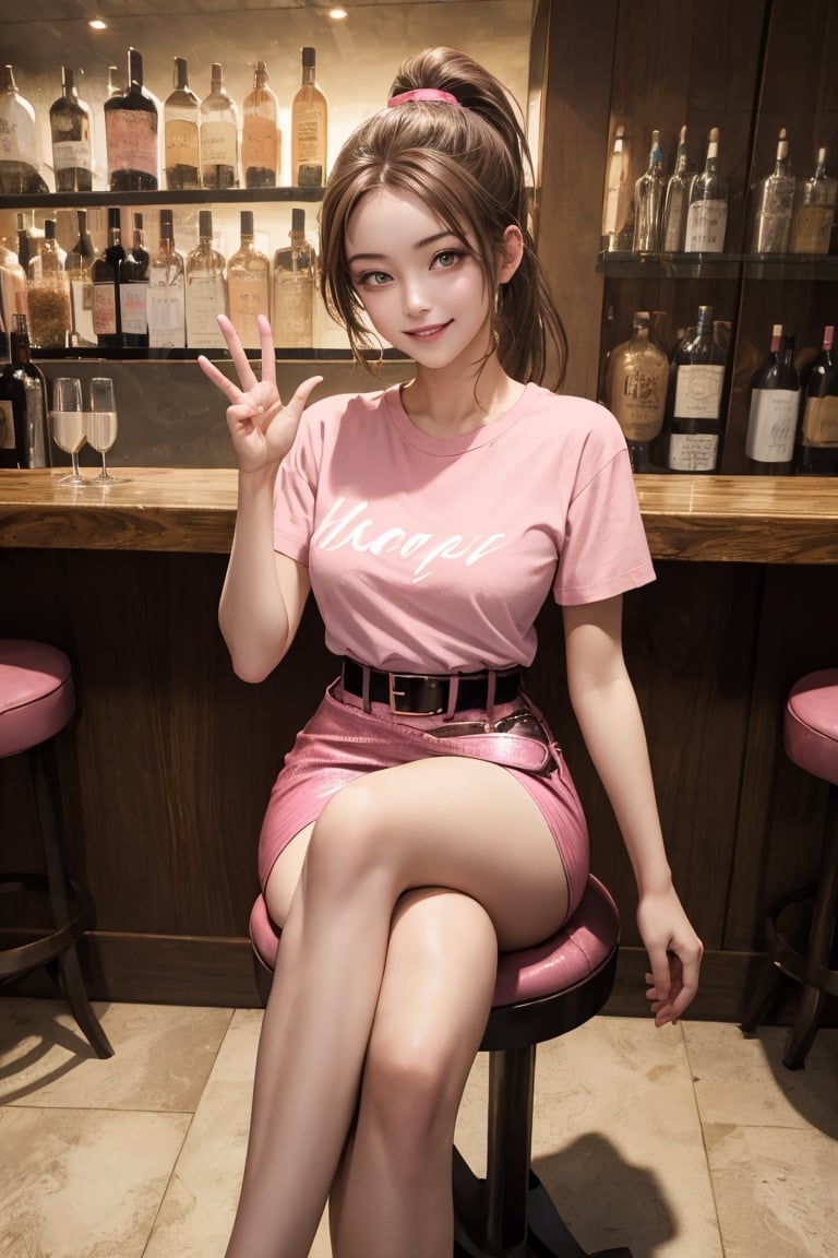 masterpiece, best quality, absurdres, perfect anatomy, 1girl, solo, brown hair, ponytail, amber eyes, Belted Skirt, pink skirt, microskirt, t-shirt, smile, indoors, bar, arm_raised, crossed_legs_(sitting),pov below, Belted Skirt