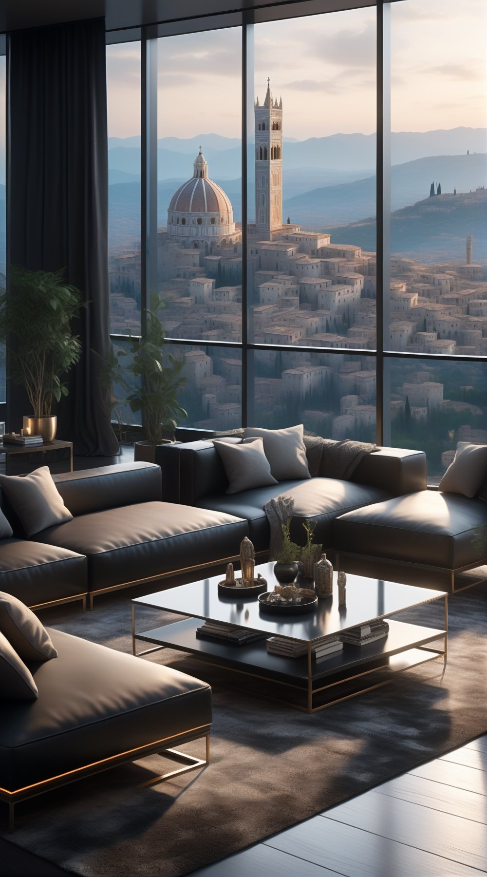 Modern living room in high building top, stunning landscape view of city skyscrapers,chic black and white interior,highly detailed,sharp focus,vibrant colors, studio photo, siena natural ratio,cinematic lighting,trending in artstation, greg rutkowski,(masterpiece, best quality, ultra-detailed, 8K:1.3)