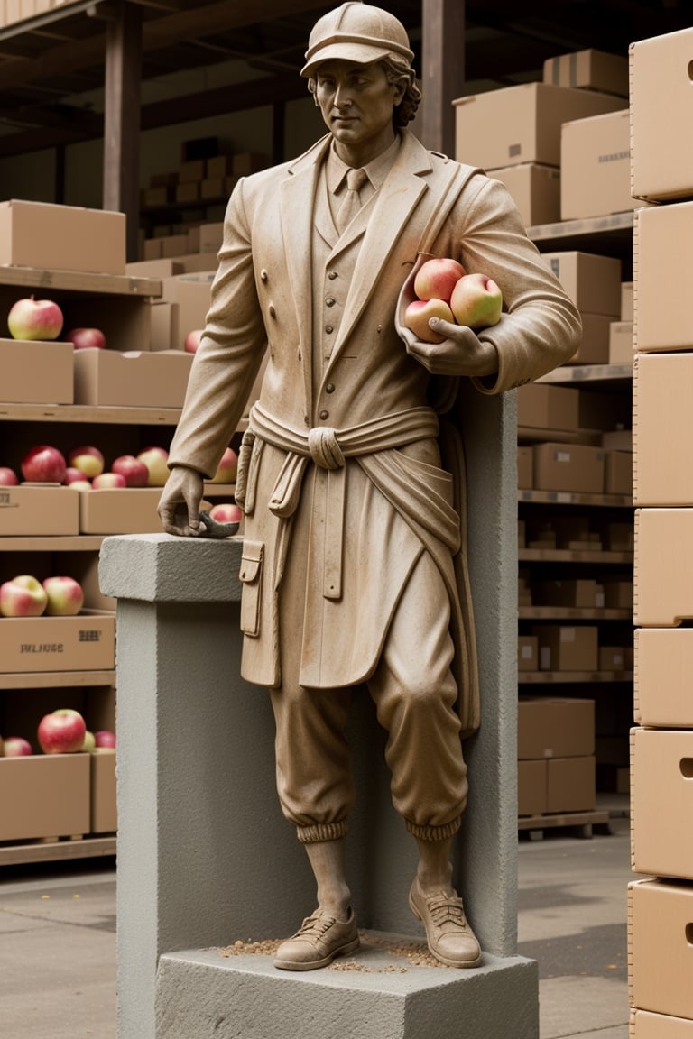 sculpture.full-length,male loader ,stone texture.at the store.in the hands.a box of apples.