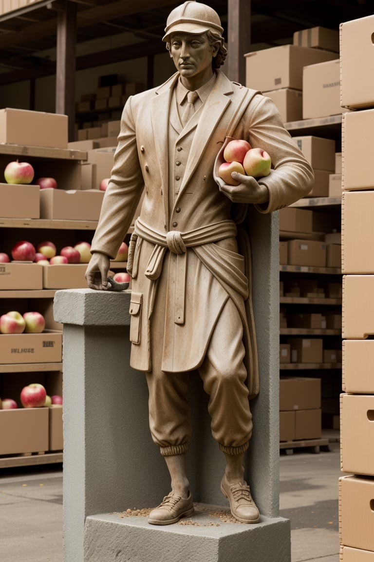 sculpture.full-length,male loader ,stone texture.at the store.in the hands.a box of apples.
