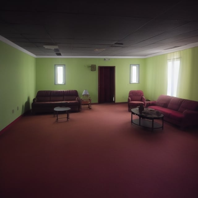 Liminal space, creepy room, strange daed furniture, dynamic lighting 