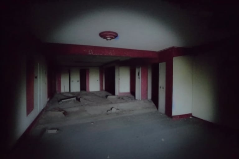 faded photo of a weird, abandoned facility, paranormal photo, ghost photo, haunted, a ghost with strange eyes