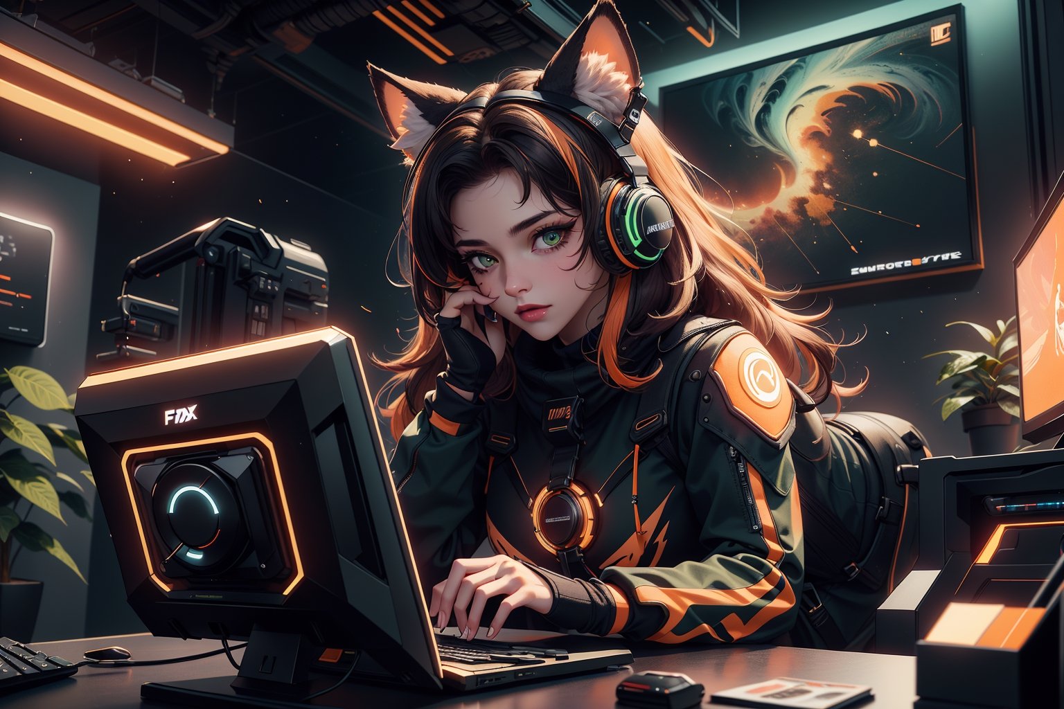 (masterpiece:1.1),(highest quality:1.1),(HDR:1),extreme quality,cg,(negative space),detailed face+eyes,1girl,in Internet cafe playing games, fox ears,animal ear fluff,(plants:1.18),(fractal art),(bright colors),splashes of color background,colors mashing,paint splatter,complimentary colors,neon,(thunder tiger),compassionate,electric,limited palette,synthwave,fine art,tan skin,upper body,(green and orange:1.2),time stop,sy3,SMM,inblackholetech,More Detail