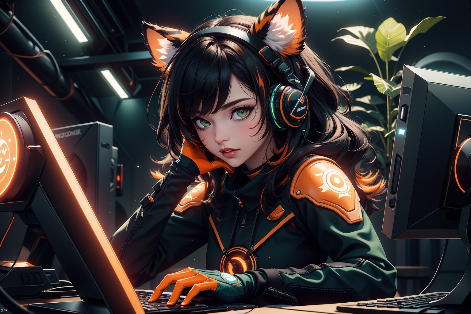 (masterpiece:1.1),(highest quality:1.1),(HDR:1),extreme quality,cg,(negative space),detailed face+eyes,1girl,in Internet cafe playing games, fox ears,animal ear fluff,(plants:1.18),(fractal art),(bright colors),splashes of color background,colors mashing,paint splatter,complimentary colors,neon,(thunder tiger),compassionate,electric,limited palette,synthwave,fine art,tan skin,upper body,(green and orange:1.2),time stop,sy3,SMM,inblackholetech,More Detail