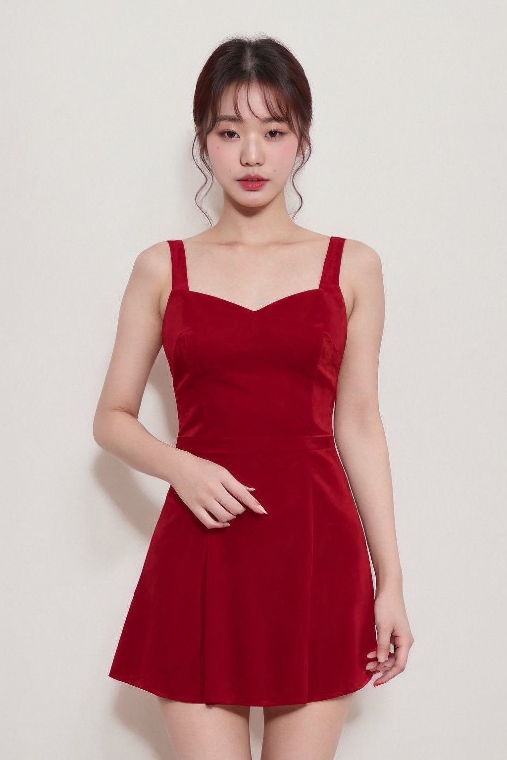 korean girl, wearing red sultry chic cutout dress, half body, looking at viewer, sharp look, bedroom, perfect fingers, perfect hands,perfect