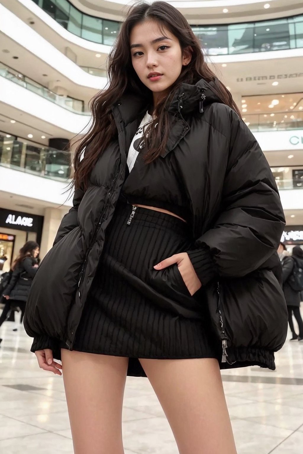 1girl, solo, looking at viewer, wavy hair, black puffer jacket and skirt, up to knees, mall, posing, glossy lips, realistic, perfect hand, perfect fingers