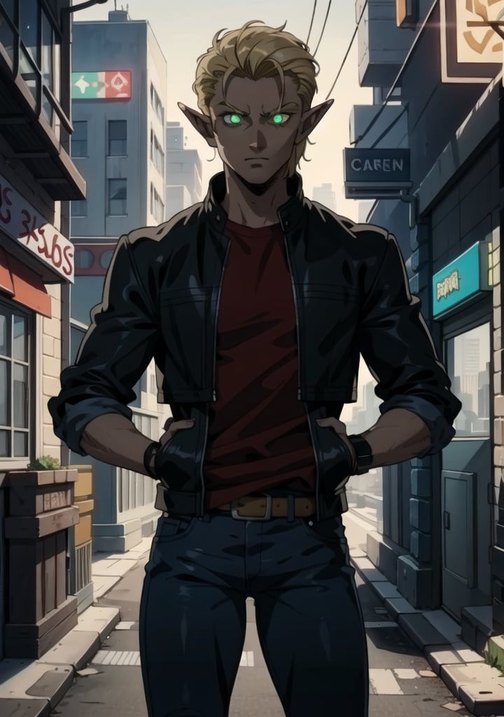 sole_male, blond_hair, slicked_back_hair, green_eyes, glowing_eyes, elf_ears, red_shirt, black leather jacket, blue_jeans, dark alley, cyberpunk city, backlighting, midnight, silhouette