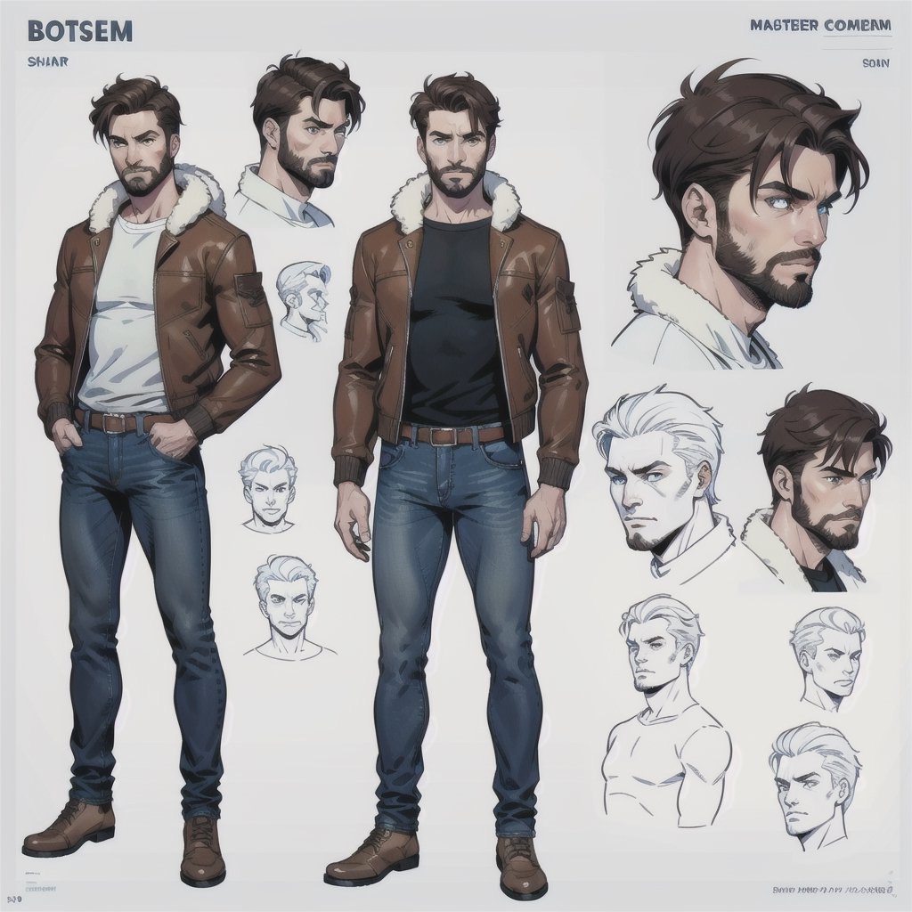 multiple_views, model sheet, reference_sheet, more_than_one_pose, sole_male, light_blue_eyes, very short hair, brown_hair, beard, stubble, stocky build, manly, brown leather bomber jacket with fur-lining, grey long_sleeve shirt, blue_jeans, (white_background:1.4), high_resolution, masterpiece, detailed face, sharp focus, comicbook, lineart, perfecteyes eyes