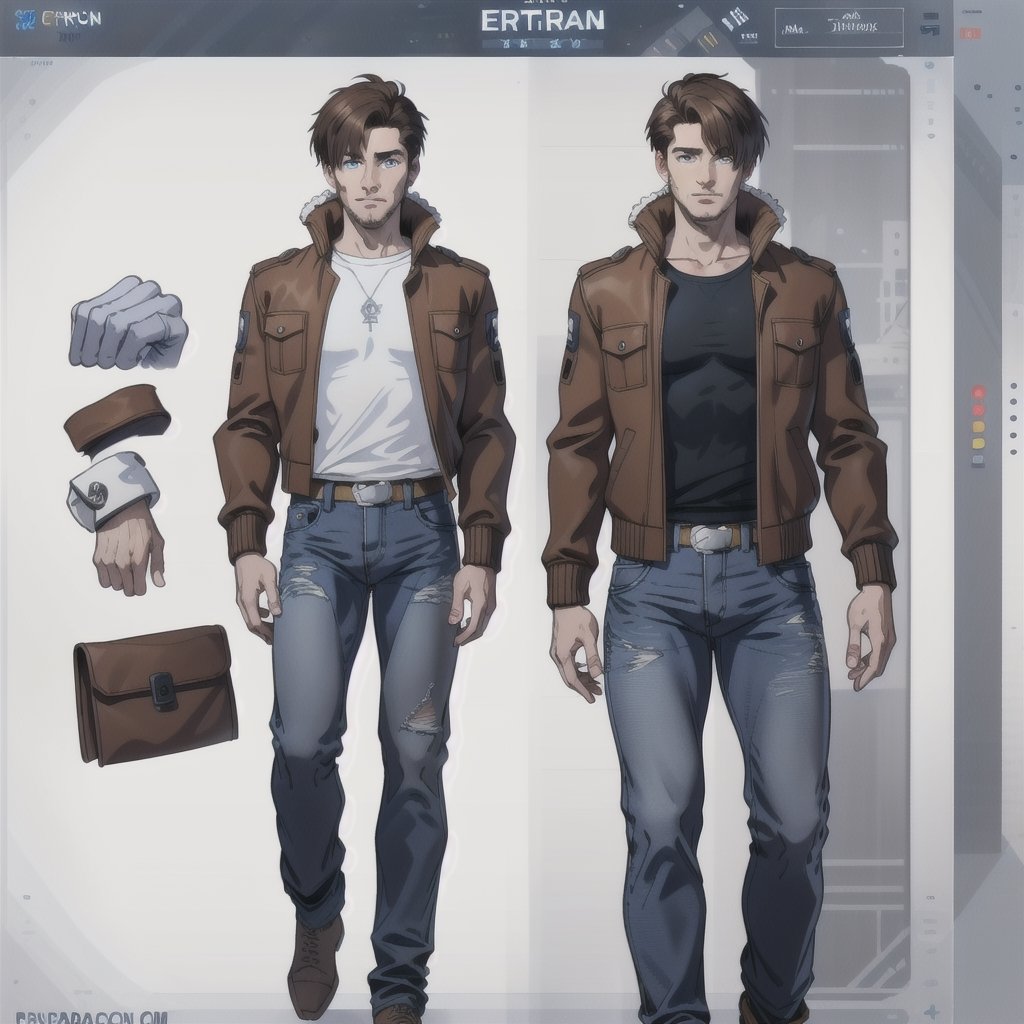 multiple_views, model sheet, reference_sheet, sole_male, toddmac2023, light_blue_eyes, short-hair, brown_hair, stubble, stocky build, manly, brown leather bomber jacket with fur-lining, grey long_sleeve shirt, blue_jeans, sci_fi, sword, (white_background:1.4), 
