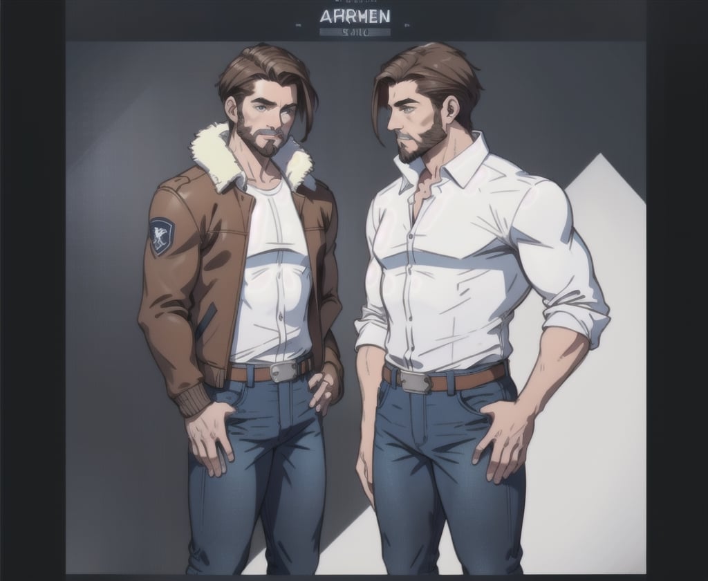multiple_views, model sheet, sole_male, toddmac2023, light_blue_eyes, very short hair, brown_hair, beard, stubble, stocky build, manly, brown leather bomber jacket with fur-lining, grey long_sleeve shirt, blue_jeans, (white_background:1.4), high_resolution, masterpiece, detailed face, sharp focus