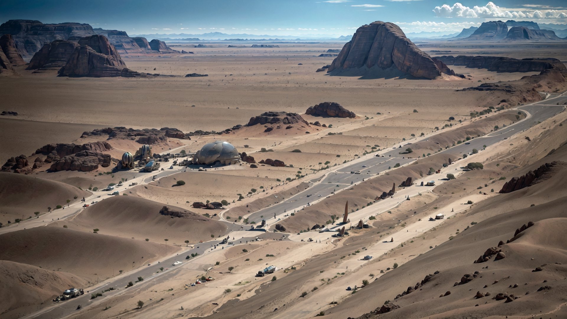 airstrip, Desert planet, wasteland, landing strip, spaceships, high_resolution, 8k, Science fiction, high-angle_view, birds-eye_view