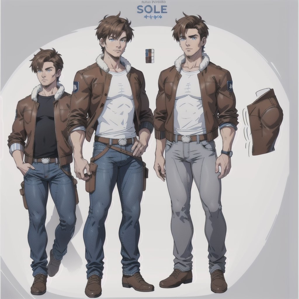 multiple_views, model sheet, reference_sheet, sole_male, toddmac2023, light_blue_eyes, short-hair, brown_hair, stubble, stocky build, manly, brown leather bomber jacket with fur-lining, grey long_sleeve shirt, blue_jeans, (white_background:1.4), 
