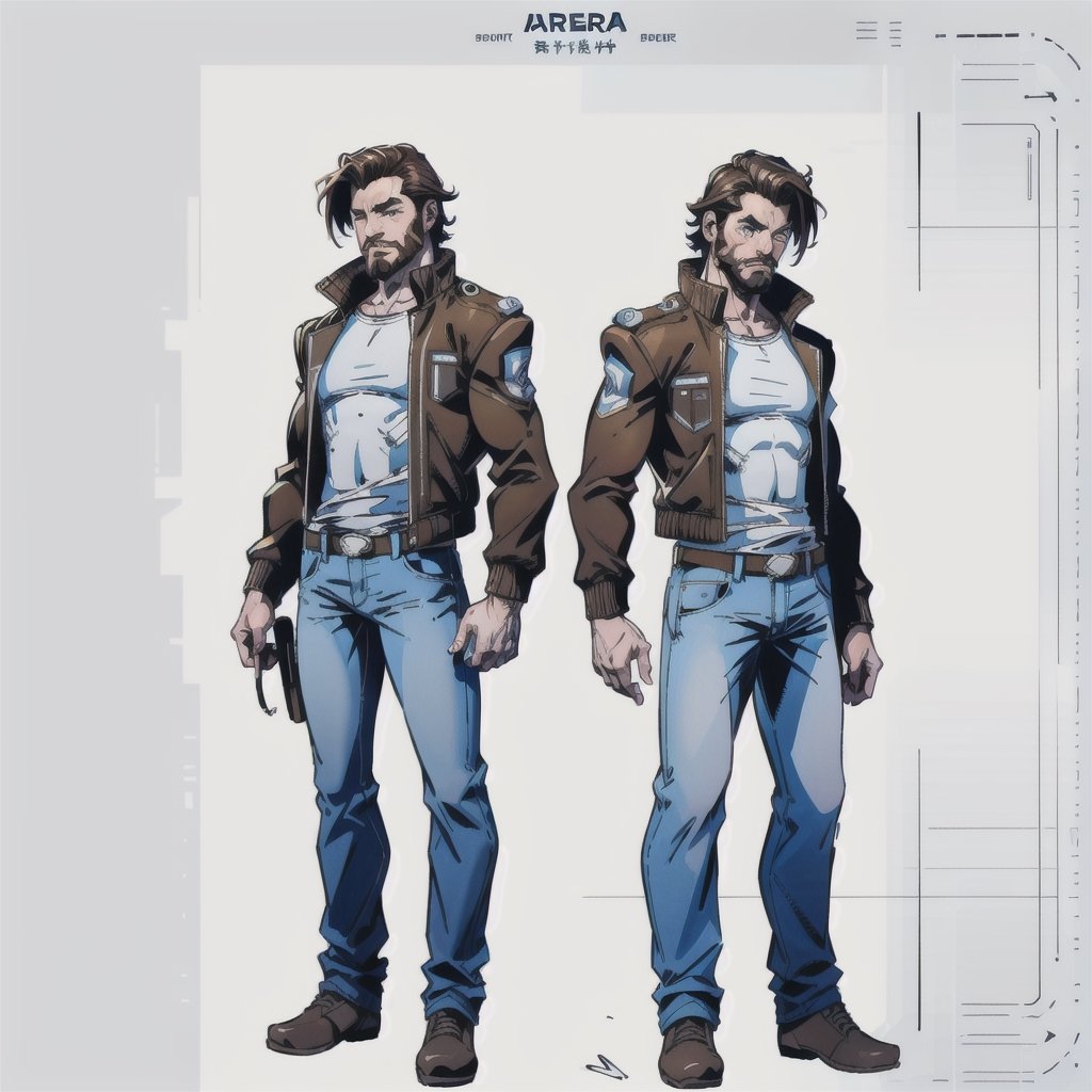 multiple_views, model sheet, reference_sheet, more_than_one_pose, sole_male, (light_blue_eyes), very short hair, brown_hair, beard, stubble, stocky build, manly, brown leather bomber jacket with fur-lining, grey long_sleeve shirt, blue_jeans, sci_fi scabbard, (white_background:1.4), high_resolution, masterpiece, detailed face, sharp focus, comicbook, lineart,cyberpunk,toddmac2023