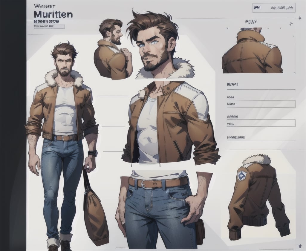 multiple_views, model sheet, reference_sheet, more_than_one_pose, sole_male, toddmac2023, light_blue_eyes, very short hair, brown_hair, beard, stubble, stocky build, manly, brown leather bomber jacket with fur-lining, grey long_sleeve shirt, blue_jeans, (white_background:1.4), high_resolution, masterpiece, detailed face, sharp focus