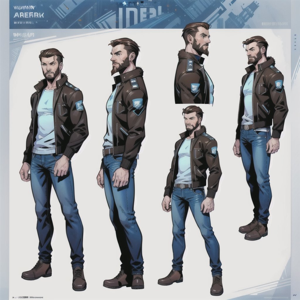 multiple_views, model sheet, reference_sheet, more_than_one_pose, sole_male, (light_blue_eyes), very short hair, brown_hair, beard, stubble, stocky build, manly, brown leather bomber jacket with fur-lining, grey long_sleeve shirt, blue_jeans, (white_background:1.4), high_resolution, masterpiece, detailed face, sharp focus, comicbook, lineart,cyberpunk