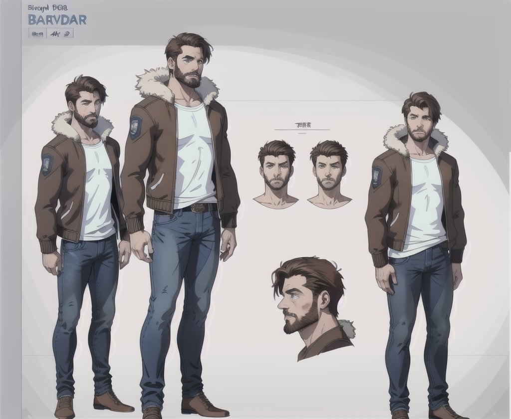 multiple_views, model sheet, reference_sheet, sole_male, toddmac2023, light_blue_eyes, very short hair, brown_hair, beard, stubble, stocky build, manly, brown leather bomber jacket with fur-lining, grey long_sleeve shirt, blue_jeans, (white_background:1.4), high_resolution, masterpiece, detailed face, sharp focus