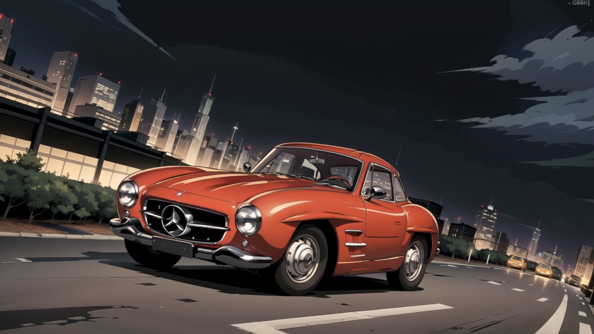 (Red:1.5), 300SL Mercedes-Benz, driving high speed on highway, cityscape, cyberpunk, highrise buildings, speed_lines, (midnight:1.2), ,car