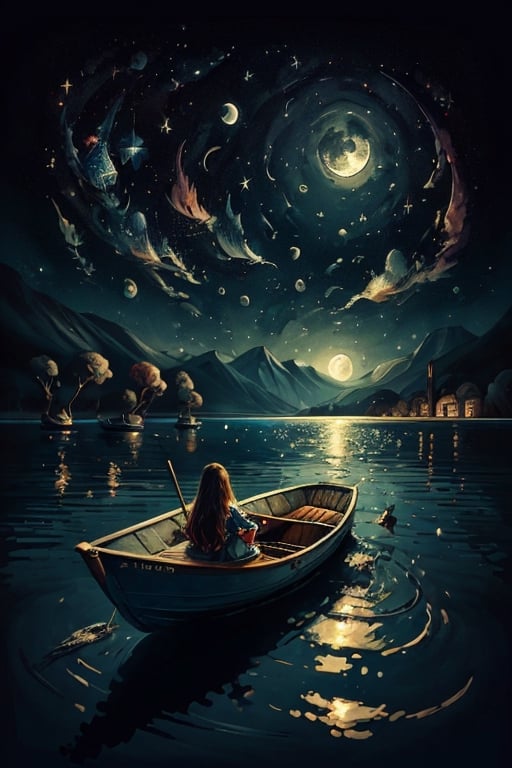 a painting of woman on a boat in the lake and a full moon in the sky above ,ultra detailed brush stroke xjrex,fantasy00d,horror,DonMF41ryW1ng5