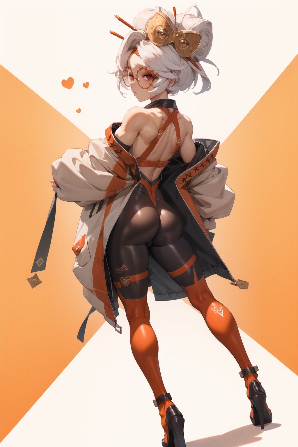 Lady, full body, white hair, Girl wearing orange tech bodysuit, orange sports leggings, tech harnesses, cargo straps, tech wear, military red pilot, plain background, no background, gradient background, 
,purah, red glasses, hair ornament, hair stick, red headband, white shirt, (orange leggings), high heels,(bare shoulders), (sleeveless), golden leg bracelet, fall leaves, heart shaped, jacket, from_behind, looking_at_viewer