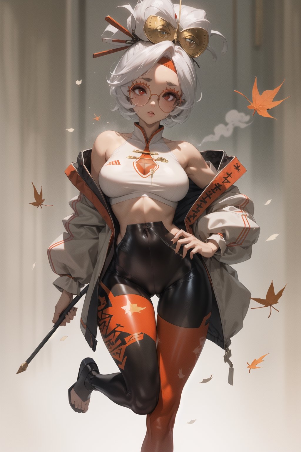 Lady, full body, white hair, Girl wearing orange tech bodysuit, orange sports leggings, tech harnesses, cargo straps, tech wear, military red pilot, plain background, no background, gradient background, 
,purah, red glasses, hair ornament, hair stick, red headband, white shirt, (orange leggings), high heels,(bare shoulders), (sleeveless), golden print,(falling leaves),white smoke,